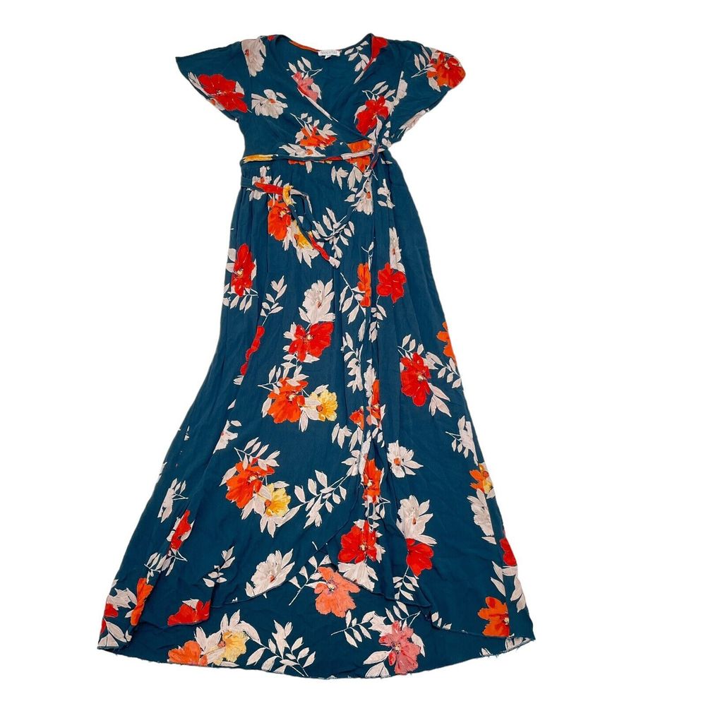 Patrons of Peace Dress XS Green Floral V Neck Waist Tie Maxi Flutter Sleeves‎